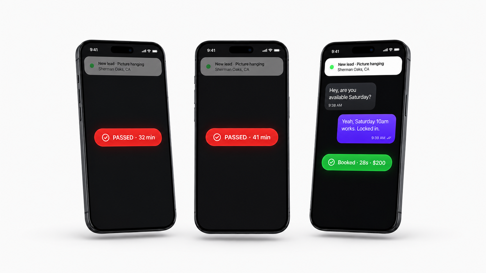 Three phones: two dimmed showing PASSED, one bright showing a booked confirmation