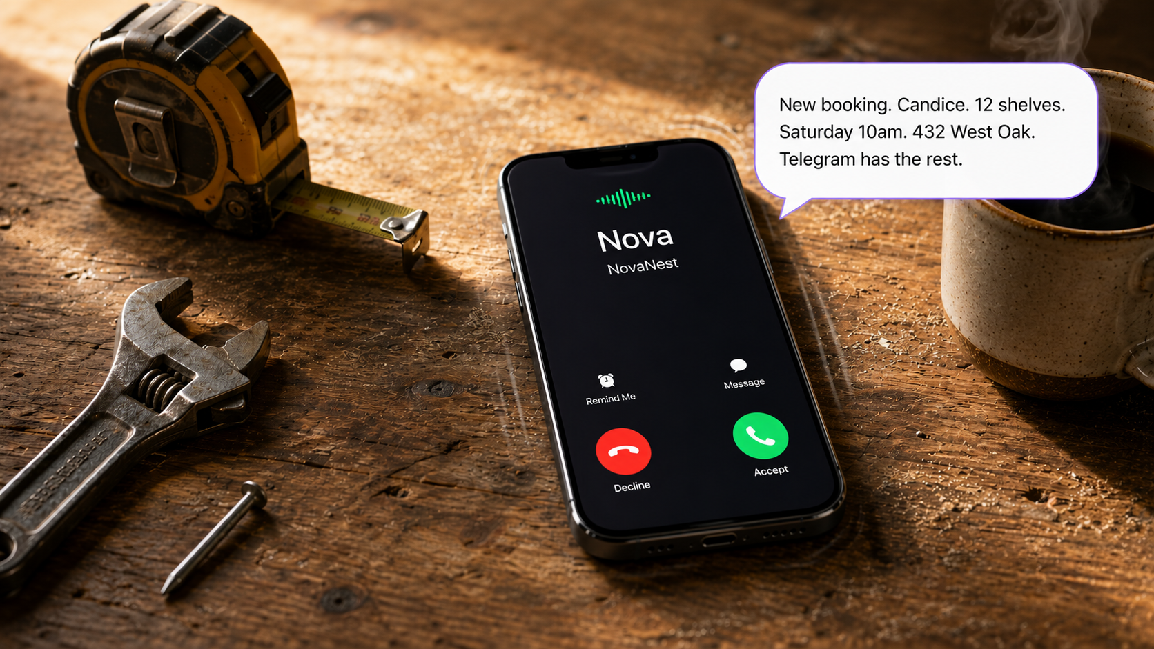 Phone ringing on a workshop bench with the booking details spoken aloud